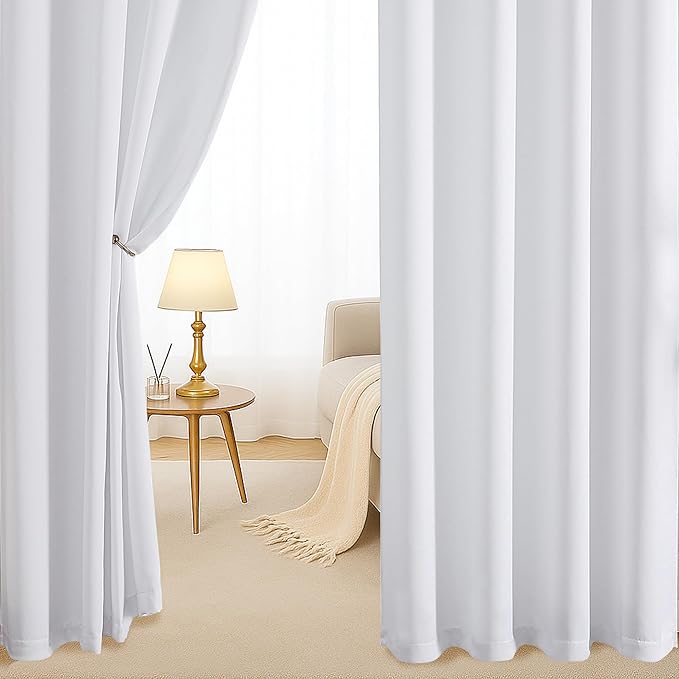 Simplebrand Pure White Light Filtering Curtains for Bedroom Living Room 84 Inch Length 2 Panels Set, Thermal Insulated Curtains & Drapes, Solid Grommet Noise Reducing Window Treatment, W50 x L84 Inch