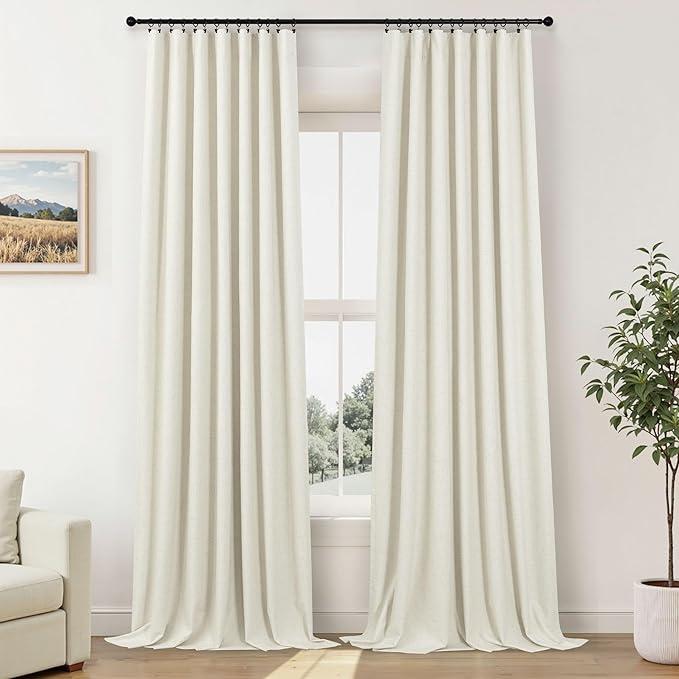 100 Inch Curtains Blackout for Bedroom Cooling Black Out Large Window Linen Look Custom Length 100 Inches Long Neutral Cream Colored Sound Proof Heat Blocking Thermal Drapes for Living Room Dorm 2Pcs