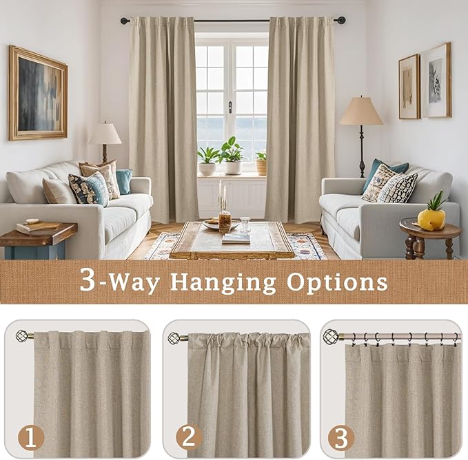LAMIT 100% Blackout Natural Linen Curtains, 72 Inches Linen Textured Thermal Bedroom Curtains Back Tab and Rod Pocket Neutral Panels with White Liner for Farmhouse, 2 Panels, 52 x 72 Inch, Taupe