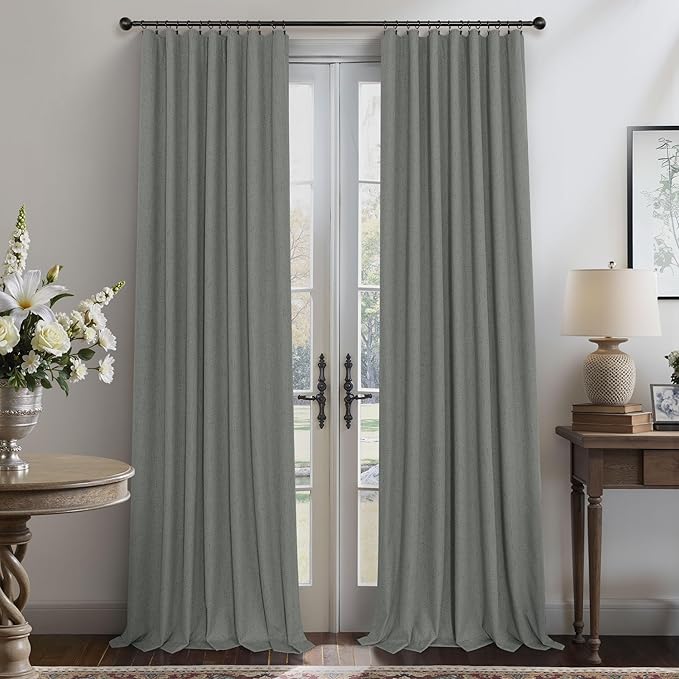 Charcoal Grey Curtains for Bedroom 2 Panel Set 63 Inch Length 100% Blackout Linen Look Thermal Insulated Light Blocking Darkening Bay Window Curtains for Boys Nursery Living Room Bathroom Dark Gray