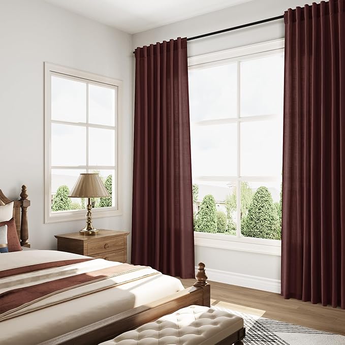Extra Long Curtain Reddish Brown Morden Linen Blend Light Filtering Back Tab Curtains for Long Winodws 120 Inches Length, Semi Sheer Privacy Drapes for Living Room, 52x120 inch, 2 Panels