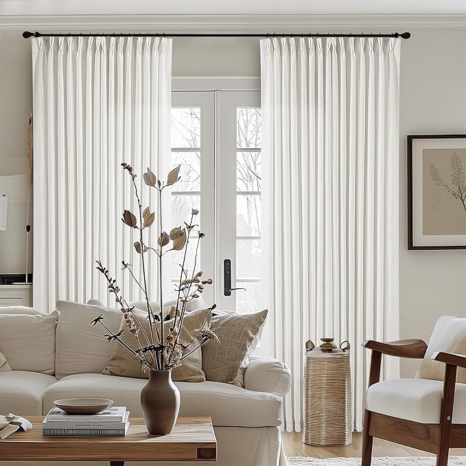 100 Inch Width Curtains 96 Inches Long Pinch Pleat Linen Semi Sheer for Patio Sliding Door Light Filtering Pleated Drapes Back Tab Ivory Beige White Extra Wide 100 x 96 Curtain for Living Dining Room