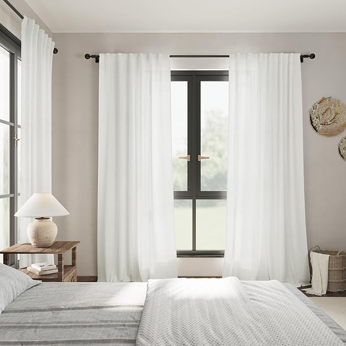 Extra Long Ivory Curtains 132 Inch Length 2 Panels Set Back Tab Neutral Farmhouse Drapes Light Filtering Semi Sheer Linen Curtain 132 Inches Long for Floor to Ceiling Window Patio Sliding Door