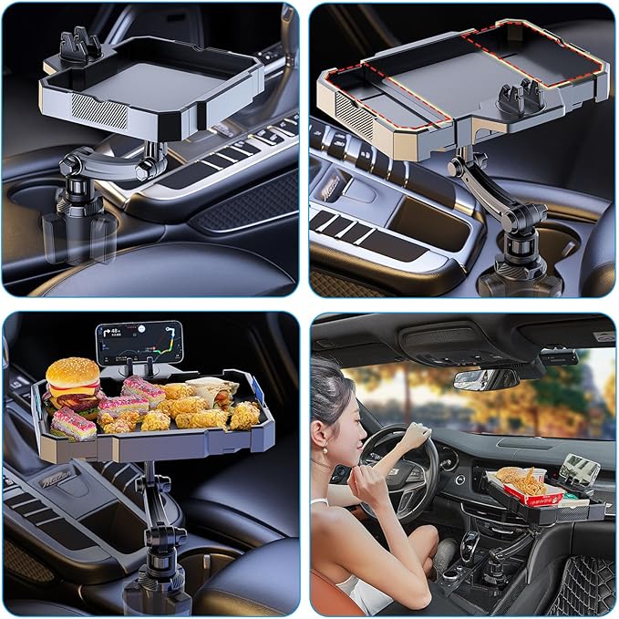 Larger Car Cup Holder Tray, 9~11 inch Expandable Car Food Tray for Eating Hamburger/Snacks, Car Travel Cup Coffee Table Stand 360° Rotating Tray Table with Phone Holder, Road Trip Essentials