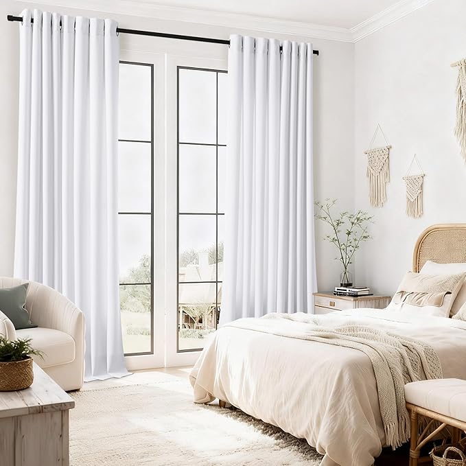 100 Inch White Linen Curtains for Bedroom Living Room, Thick Faux Linen Drapes Grommet Semi Sheer Non See Through Elegant Modern Farmhouse Curtains 100 Inch Length for Dining Pure White