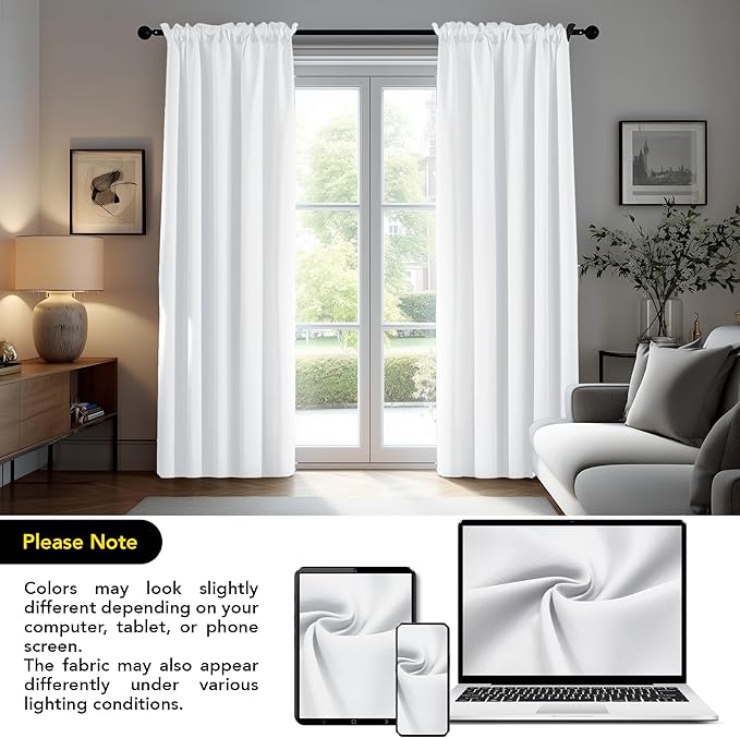 Deconovo Blackout Curtains, Thermal Insulated Rod Pocket Window Drapes, Noise Reducing, Oeko-TEX Certified, Room Darkening Curtains for Bedroom/Living Room, 2 Panels, White, 42W x 63L