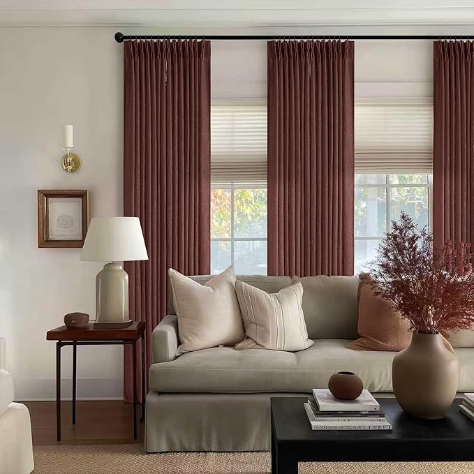 Chestnut Brown Linen Pinch Pleated Curtains 120 Inches Long for Living Room Pleated Drapes Back Tab Thick Linen Dark Terracotta Rust Farmhouse Country Extra Long 120 Inch Curtain for Dining Bedroom