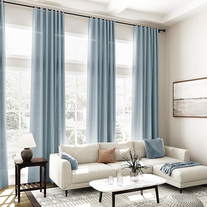 Extra Long Light Blue Linen Curtains 120 Inch for Living Room 2 Panels Set Rod Pocket Back Tab Light Filtering Semi Sheer Soft Linen Window Drapes Privacy High Ceiling Drapes for Farmhouse 52x120