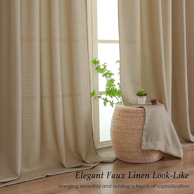 Camel Faux Linen Curtains 96 Inches Long 2 Panels Set, Semi Sheer Light Filtering Textured Curtains for Sliding Glass Door, Dual Rod Pocket Window Drapes for Living Room, 2x50Wx96L Inches