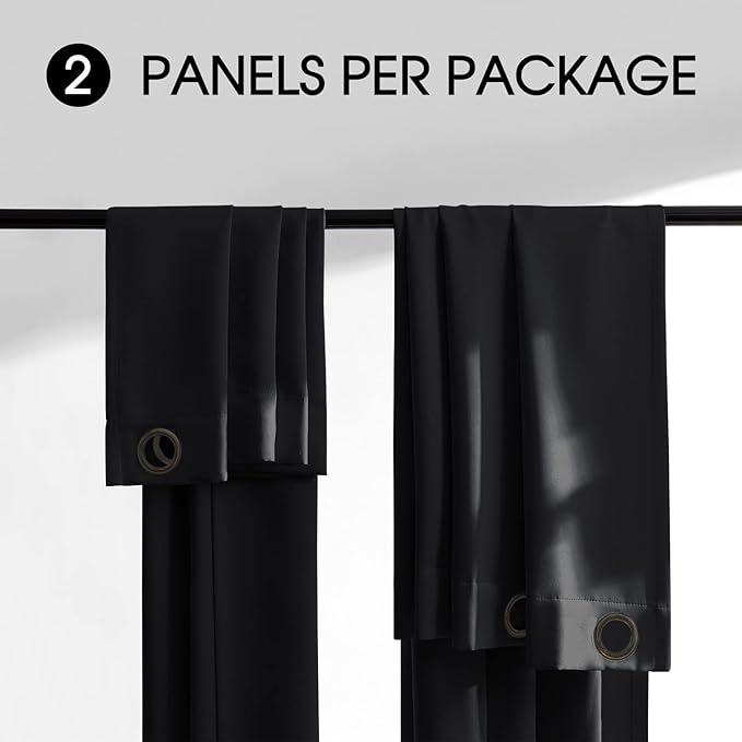100% Blackout 340 GSM Curtain Panels , Heat and Full light Blocking Drapes with Grommets for Bedroom, Black Thermal Insulated Window Treatment Drapes for Living Room (Black, 2 Panels, 52 x 45 inch)