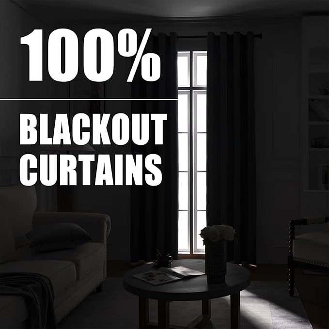 100% Blackout 340 GSM Curtain Panels , Heat and Full light Blocking Drapes with Grommets for Bedroom, Black Thermal Insulated Window Treatment Drapes for Living Room (Black, 2 Panels, 52 x 45 inch)