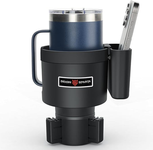 Seven Sparta Cup Holder Expander with Phone Holder & Cable Access, 3-in-1 Car Organizer, Side Storage Box for Phone/Cards, Compatible with Yeti, Owala, Hydro Flasks & Large Bottles Mugs in 3.4"-3.8"