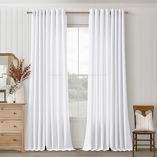 100 Inch White Linen Curtains for Bedroom Living Room, Thick Faux Linen Drapes Grommet Semi Sheer Non See Through Elegant Modern Farmhouse Curtains 100 Inch Length for Dining Pure White