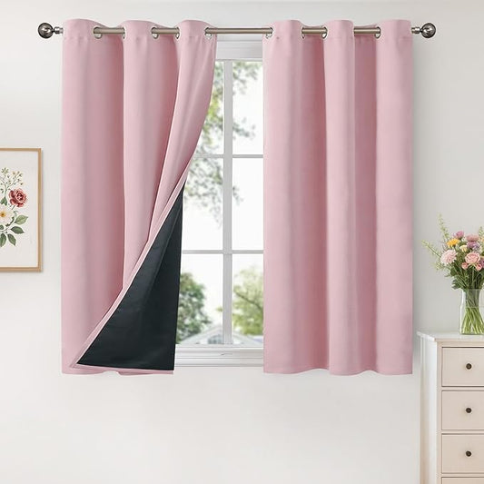 YoungsTex Short 100% Blackout Curtains 45 Inches Length for Kids Bedroom, Thick Full Light Blocking Thermal Insulated Blackout Window Drapes with Liner, Baby Pink, 2 Panels, 42 X 45 Inch