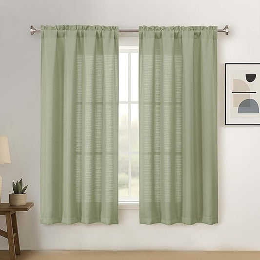 Yellow Green Curtains 63 Inch Length 2 Panels Set, Soft Airy Faux Linen Burlap Textured Light Filtering Window Curtains for Living Room, Dual Rod Pocket Window Treatment Drapes, 2x40Wx63L