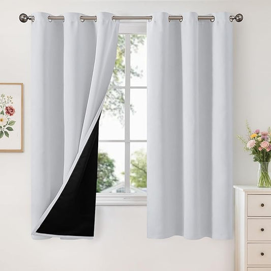 YoungsTex Thermal 100% Blackout Curtains 63 Inch Length for Living Room, Grommet Insulated Black Out Drapes Energy Saving with Liner for Bedroom, Greyish White, 2 Panels, 42 X 63 Inch