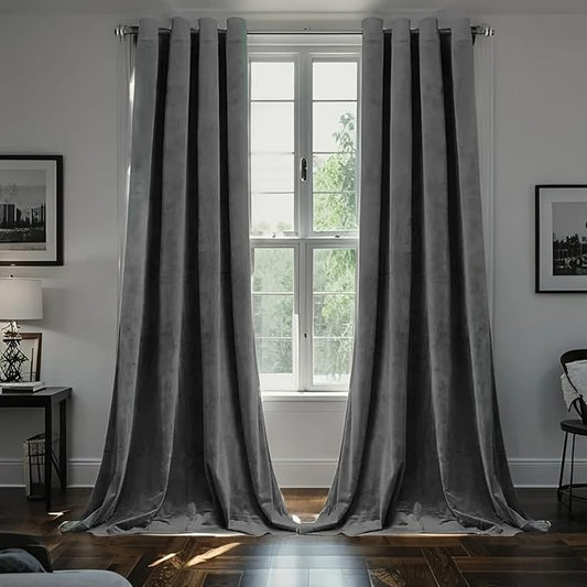 SMILETIME Dark Grey 96 in Long Velvet Curtains with Grommet, Super Soft Privacy Noise Reducing Light-Filtering Velvet Drapes for Living Room Bedroom, 2 Panels, 52 x 96 inches