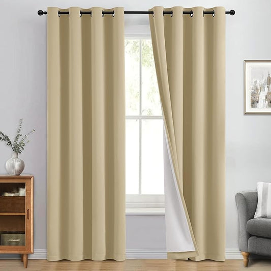 Yakamok 100% Blackout Curtain Panels 84 inches Cold and Light Blocking Drapes for Nursery, 2 Thick Layers Thermal Insulated Draperies (2 Pieces, 50 Wide Each Panel, Beige Front with White Backing)