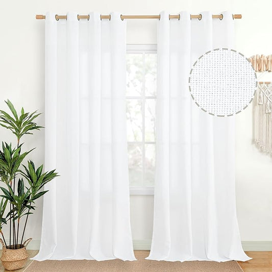YoungsTex White Linen Curtains for Living Room 90 Inches Long 2 Panels Set, Extra Long Semi Sheer Drapes with Bronze Grommet Light Filtering for Bedroom Dining Room, 52 x 90 Inch