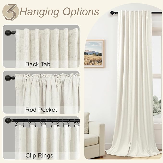 100 Percent Blackout Sliding Glass Door Curtains 120 Inches Long 2 Panels 10 Foot ft Floor to Ceiling Drape Cotton Linen Textured Drop Cloth Traverse Curtains Theater Farmhouse Natural Cream Colored