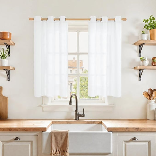 YoungsTex White Linen Curtains 40 Inches Length for Kitchen Cafe Window - Half Window Drapes Semi Sheer Light Filtering with Bronze Grommet for Bathroom Rustic Privacy, 2 Panels, 34 X 40 Inch