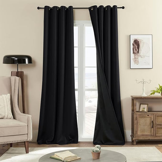 100% Blackout 340 GSM Curtains , 92 inches 2 panel sets, Heat and Full light Blocking Drapes with Grommets for Bedroom, Thermal Insulated Window Treatment Drapes for Living Room (Black,52x92inch)