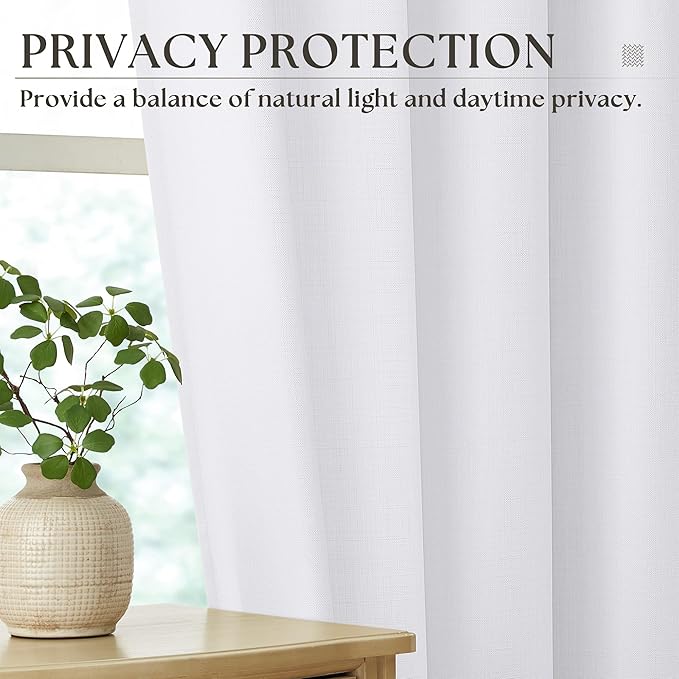 100 Inch White Linen Curtains for Bedroom Living Room, Thick Faux Linen Drapes Grommet Semi Sheer Non See Through Elegant Modern Farmhouse Curtains 100 Inch Length for Dining Pure White
