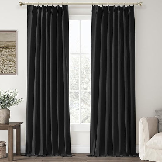 100% Black Out Curtains 108 Inches Long 2 Panels Set For Bedroom Solid Black Linen Pinch Pleated Thermal Insulated Energy Efficient Blackout Curtains For Living Room High Ceiling Length 108" 9 Ft