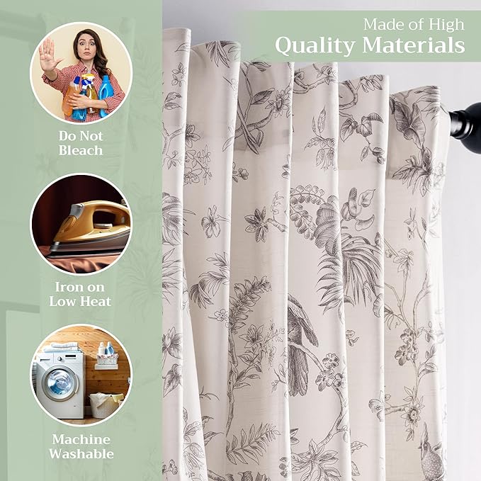 Maison d' Hermine Curtains for living room 100% Cotton 96 inch length One Panel Light Filtering Toile Curtains for Bedroom Windows with rod and loop Pockets Drapes (Jouy Paradise Beige, 50"W x 96"L)