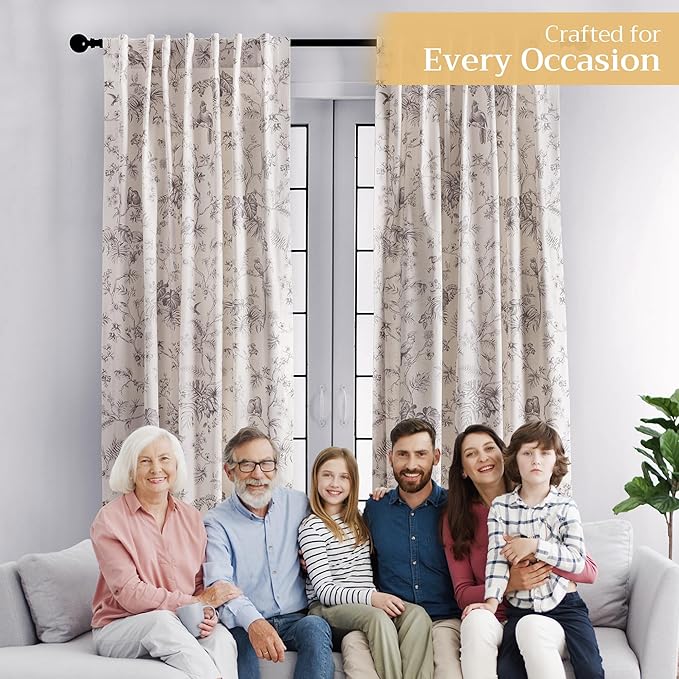 Maison d' Hermine Curtains for living room 100% Cotton 96 inch length One Panel Light Filtering Toile Curtains for Bedroom Windows with rod and loop Pockets Drapes (Jouy Paradise Beige, 50"W x 96"L)