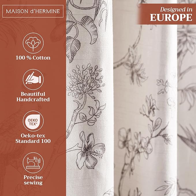 Maison d' Hermine Curtains for living room 100% Cotton 96 inch length One Panel Light Filtering Toile Curtains for Bedroom Windows with rod and loop Pockets Drapes (Jouy Paradise Beige, 50"W x 96"L)