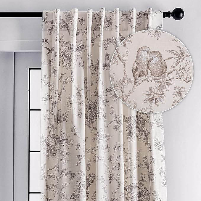 Maison d' Hermine Curtains for living room 100% Cotton 96 inch length One Panel Light Filtering Toile Curtains for Bedroom Windows with rod and loop Pockets Drapes (Jouy Paradise Beige, 50"W x 96"L)