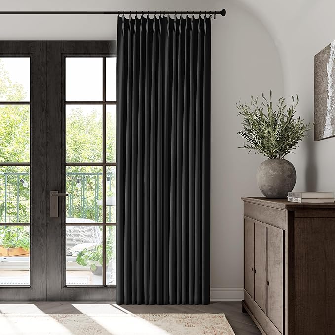 100% Black Out Curtains 108 Inches Long 2 Panels Set For Bedroom Solid Black Linen Pinch Pleated Thermal Insulated Energy Efficient Blackout Curtains For Living Room High Ceiling Length 108" 9 Ft